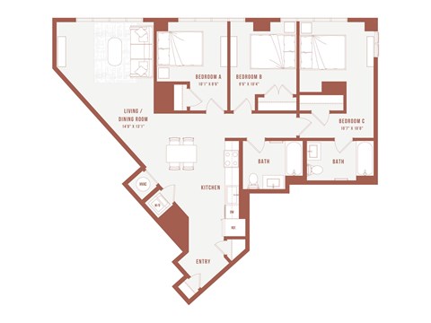 Floor plan for 3 beds, 2 baths, 399 sqft